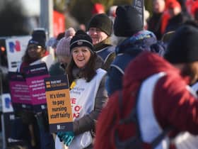 Royal College of Nursing picket line as staff strike outside a hospital.