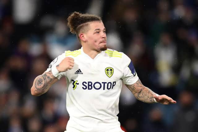 LEEDS, ENGLAND - NOVEMBER 30: Kalvin Phillips of Leeds United celebrates after victory in the Premier League match between Leeds United  and  Crystal Palace at Elland Road on November 30, 2021 in Leeds, England. (Photo by George Wood/Getty Images)