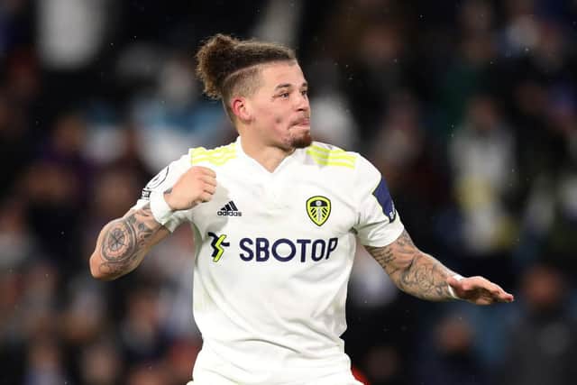 LEEDS, ENGLAND - NOVEMBER 30: Kalvin Phillips of Leeds United celebrates after victory in the Premier League match between Leeds United and Crystal Palace at Elland Road on November 30, 2021 in Leeds, England. (Photo by George Wood/Getty Images)